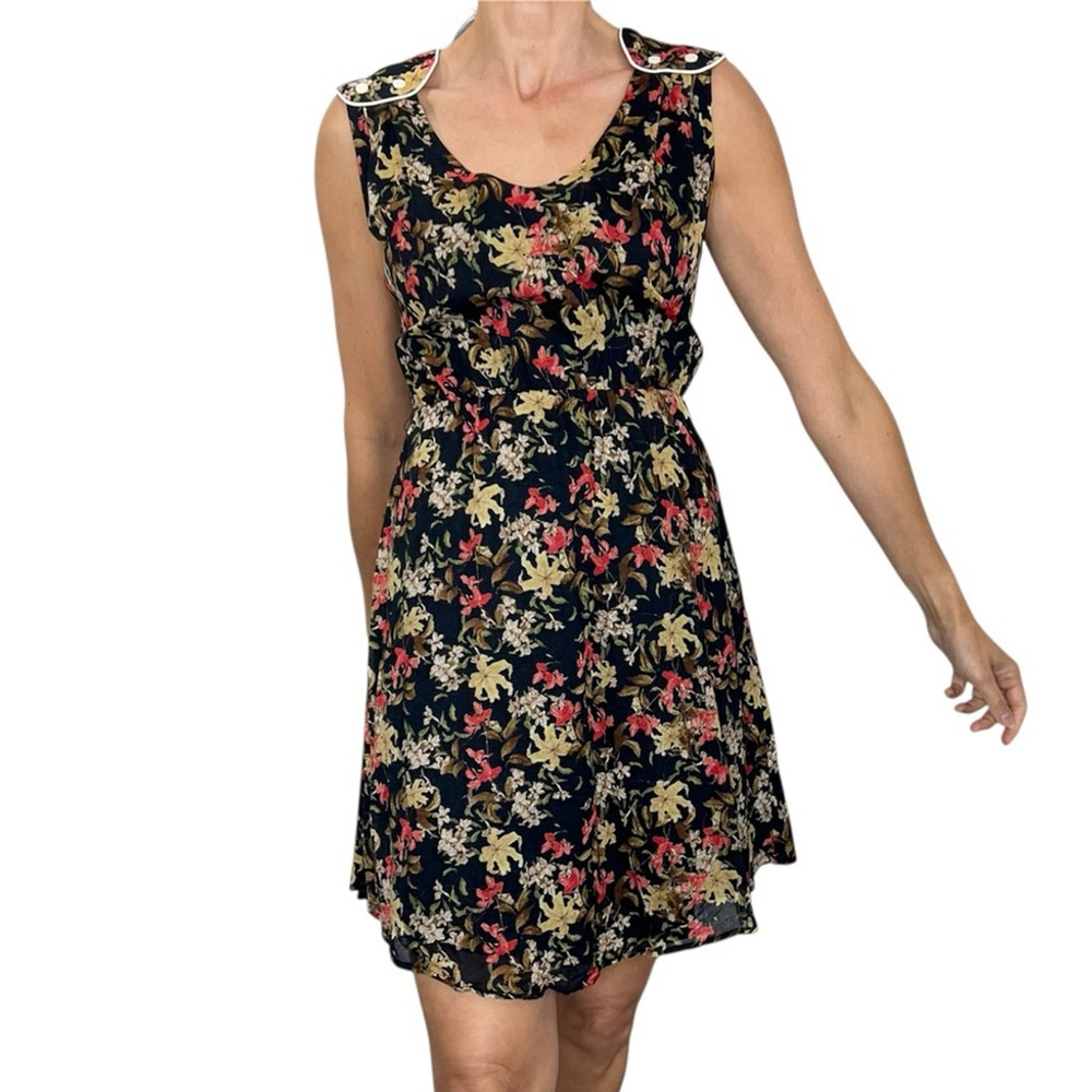 Vintage 80s style Cokluch Montreal black floral gauzy cotton mini summer dress M - Picture 3 of 13